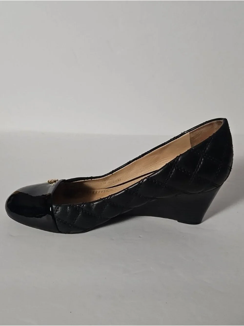 Tory Burch Quilted Patent Leather Cap Toe Wedge Pumps